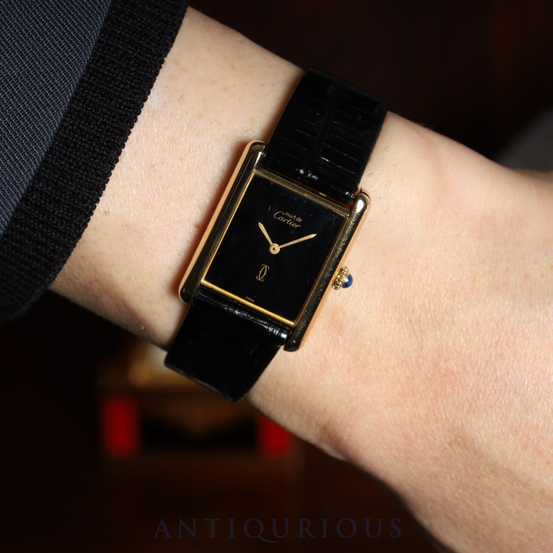 Cartier Must Tank LM Manual Winding Cal. 78-1 SV925 Leather Strap Genuine Buckle (GP) Onyx Dial Box Overhauled