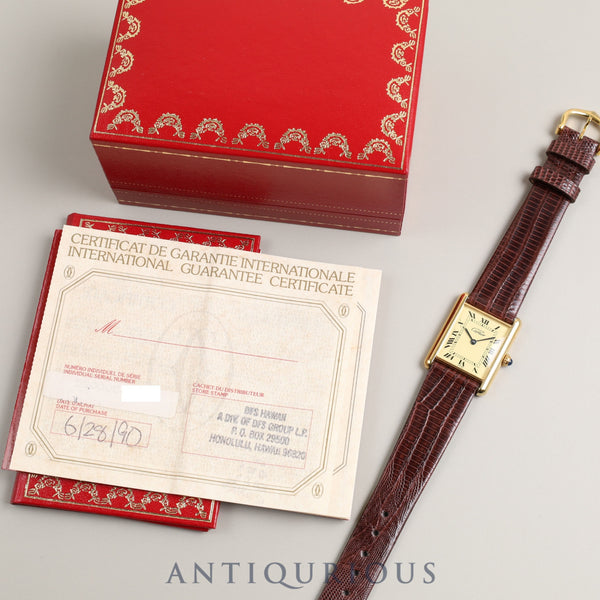 Cartier Must Tank LM QZ 590005 Cal.90 SV925 Leather Genuine Buckle (GP) Ivory Dial Box Warranty (1990) Overhauled