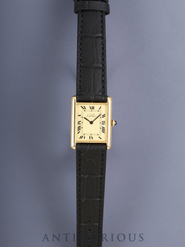 Cartier Must Tank LM Manual Winding Caliber 78-1 SV925 Leather Watch with Genuine Pin Buckle (GP) Ivory Roman Dial (SWISS Marking) Overhauled and Finished to Look Like New