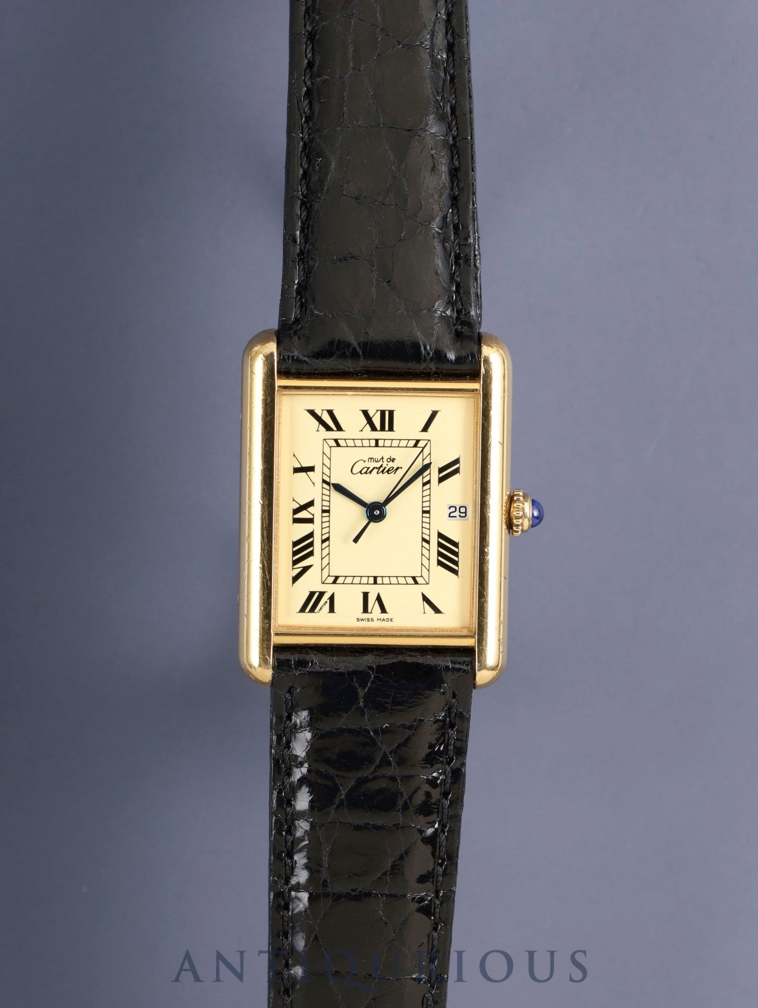Cartier Must Tank GM 2413 Cal.687 Quartz SV925 Leather Genuine Pin Buckle (GP) Ivory Roman Dial (SWISS MADE) Overhauled