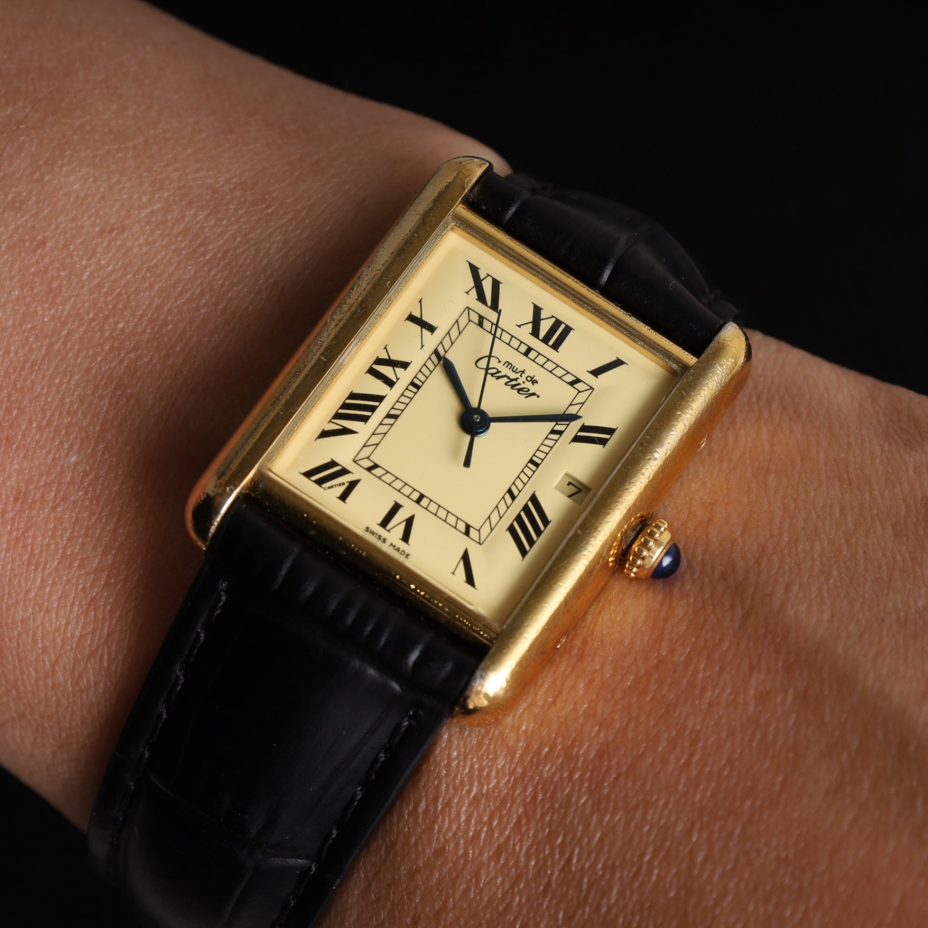 カルティエ マストタンク GM(XL) W1017454 / 2413 クォーツ Cal.687 SV925 革 純正尾錠(GP)アイボリーローマン文字盤 オーバーホール済み