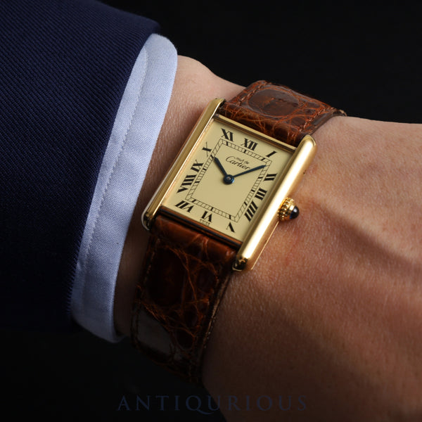 カルティエ マストタンク LM 590005 クォーツ Cal.90 SV925 純正革ベルト 純正尾錠(GP) アイボリーローマン文字盤 保証書(1989年) オーバーホール済み