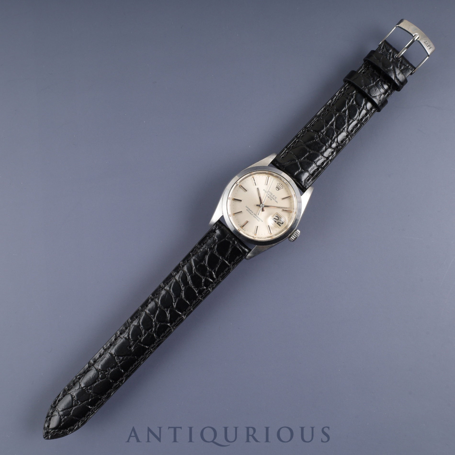 ロレックス オイスターパーペチュアルデイト 1500 自動巻き Cal.1570 SS 革 社外尾錠(SS)シルバー文字盤 36mm 53番台(1977年)オーバーホール済み