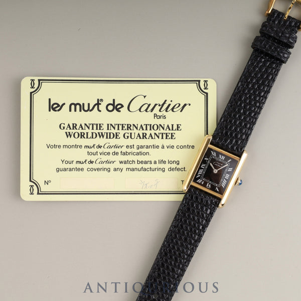 Cartier Must Tank SM Manual Winding Cal. 78-1 SV925 Leather Genuine Buckle (GP) Black Roman Dial Warranty Overhauled
