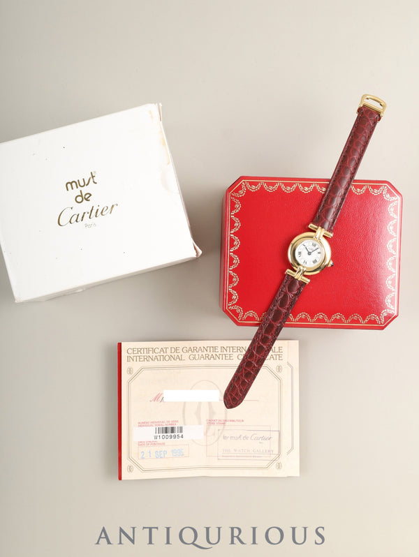 カルティエ マストコリゼ W1009954 / 1902 クォーツ Cal.90.06 SV925 革 純正Dバックル(GP) ホワイト飛びローマン文字盤 箱 冊子 保証書(1996年)オーバーホール済み