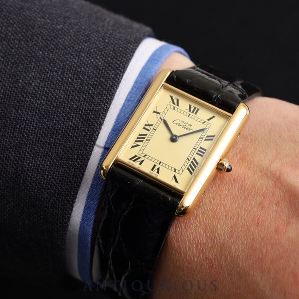 Cartier Must Tank LM 6 81006 Quartz Cal.81 SV925 Leather Genuine Buckle (GP) Ivory Roman Dial Overhauled