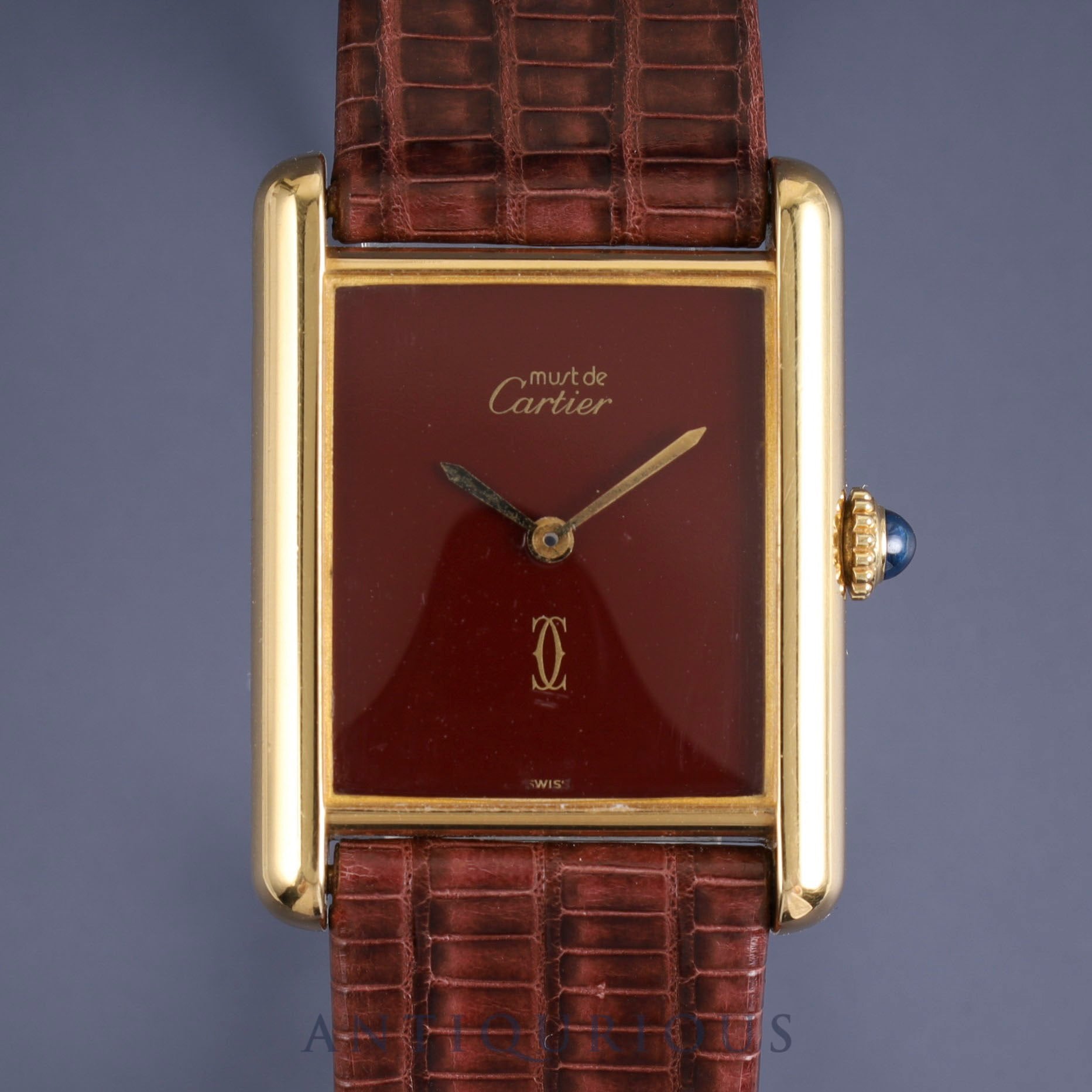 カルティエ マストタンク LM 手巻き Cal.78-1 SV925 革 純正尾錠(GP) ガーネットダイアル ボルドー文字盤オーバーホール済み