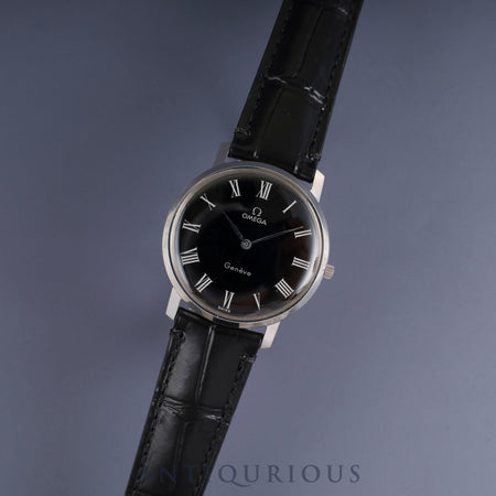 Omega Geneve 111.0108 Manual Winding Stainless Steel Leather Strap with Genuine Stainless Steel Buckle, Black Roman Dial, Overhauled