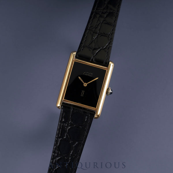 Cartier Must Tank LM Manual Winding Caliber 78-1 SV925 Leather Strap with Genuine GP Buckle, Black Onyx Dial, Overhauled
