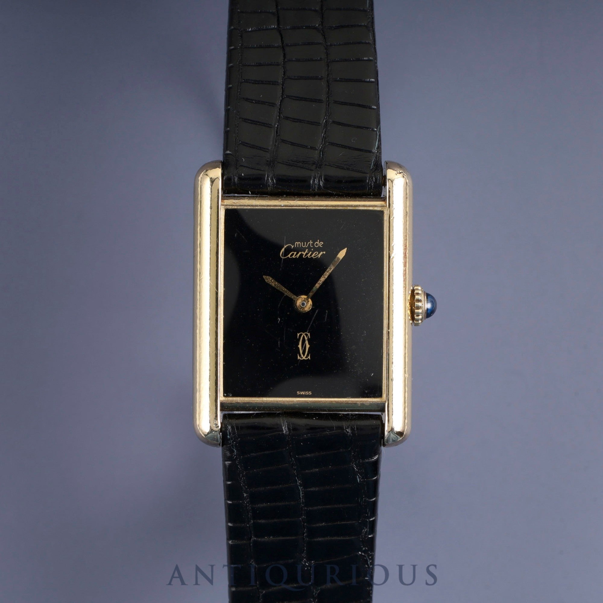Cartier Must Tank LM Manual Winding Caliber 78-1 SV925 Leather Strap with Genuine GP Buckle, Onyx Dial, Circa 1976-1981, Overhauled