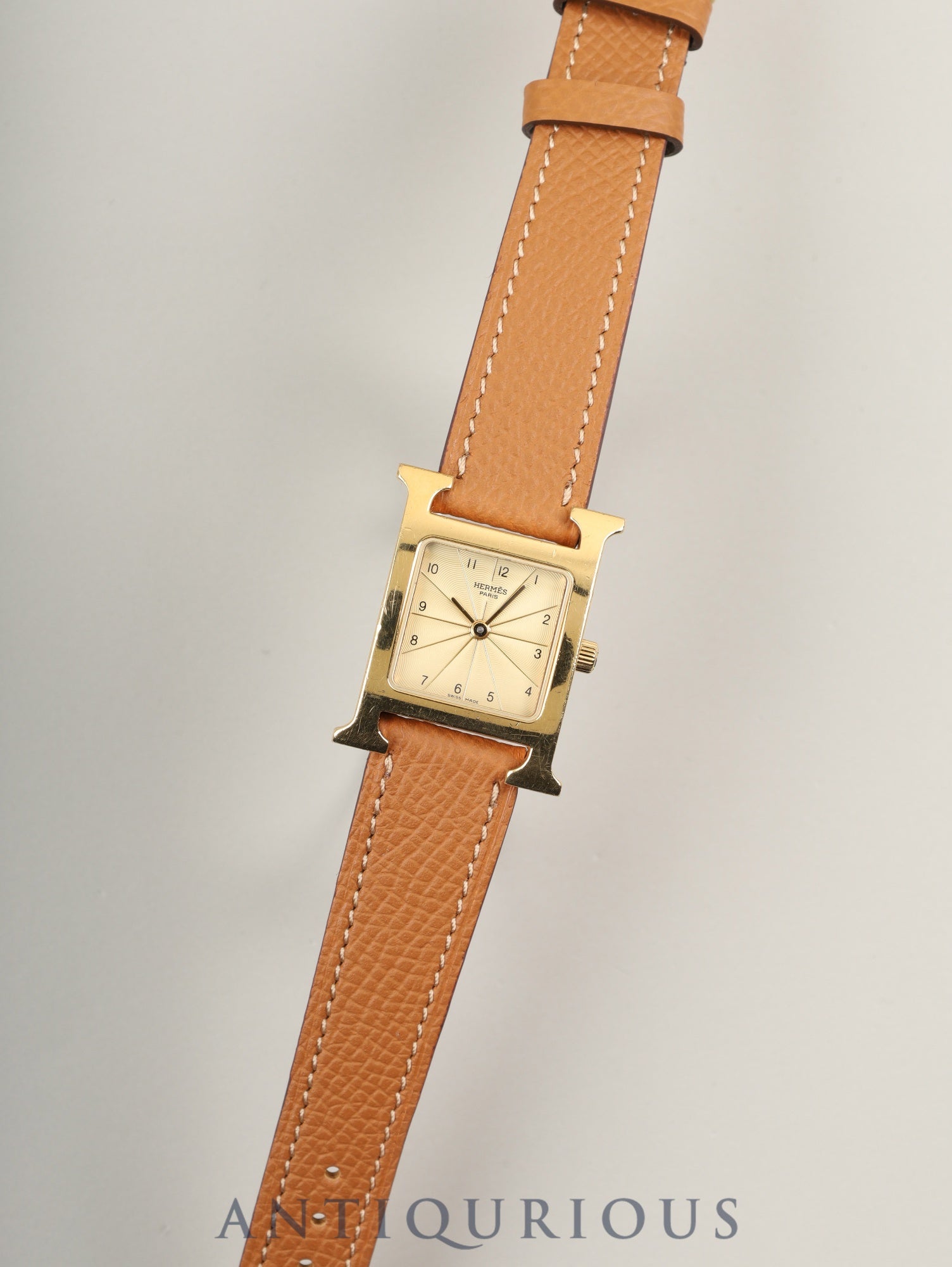 エルメス Hウォッチ HH1.210 クォーツ SS/GP 革 純正尾錠(GP)シャンパン文字盤 純正革ベルト(□A刻印:1997年)オーバーホール済み