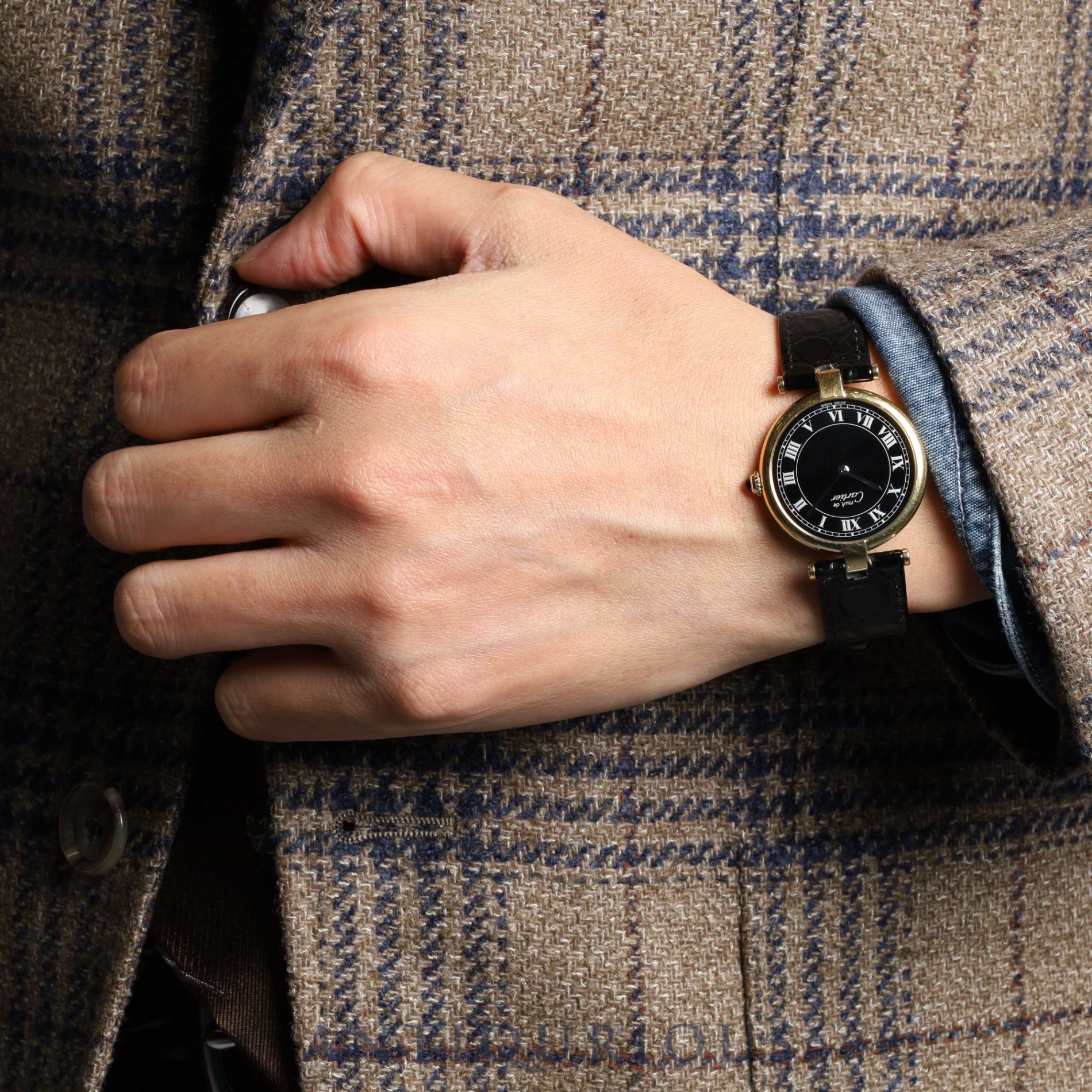 カルティエマスト ヴァンドーム VLC LM 83978913 クォーツ SV925 革 純正尾錠(GP) ブラックローマン文字盤 保証書(1987年) カルティエブティックにてコンプリートサービス(フルメンテナンス)済み