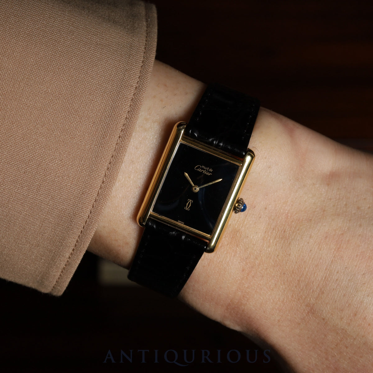 Cartier Must Tank LM Manual Winding Cal. 78-1 SV925 Leather Strap with Genuine GP Buckle, Onyx Dial, Overhauled and Finished to Look Like New
