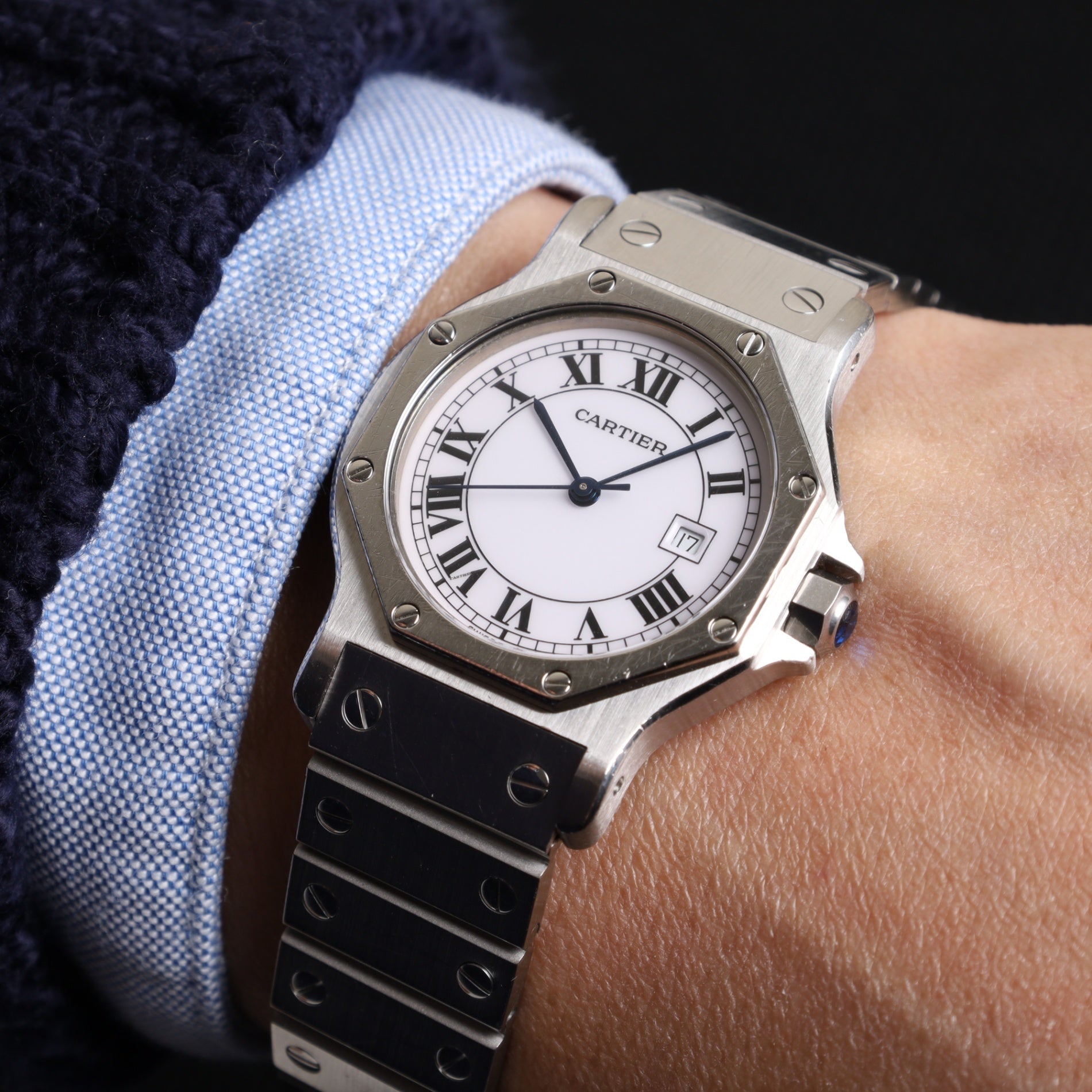 Cartier Santos Octagon LM 2965 Automatic SS SS White Roman dial Box Warranty (no date) Complete service (full maintenance) completed at Cartier boutique