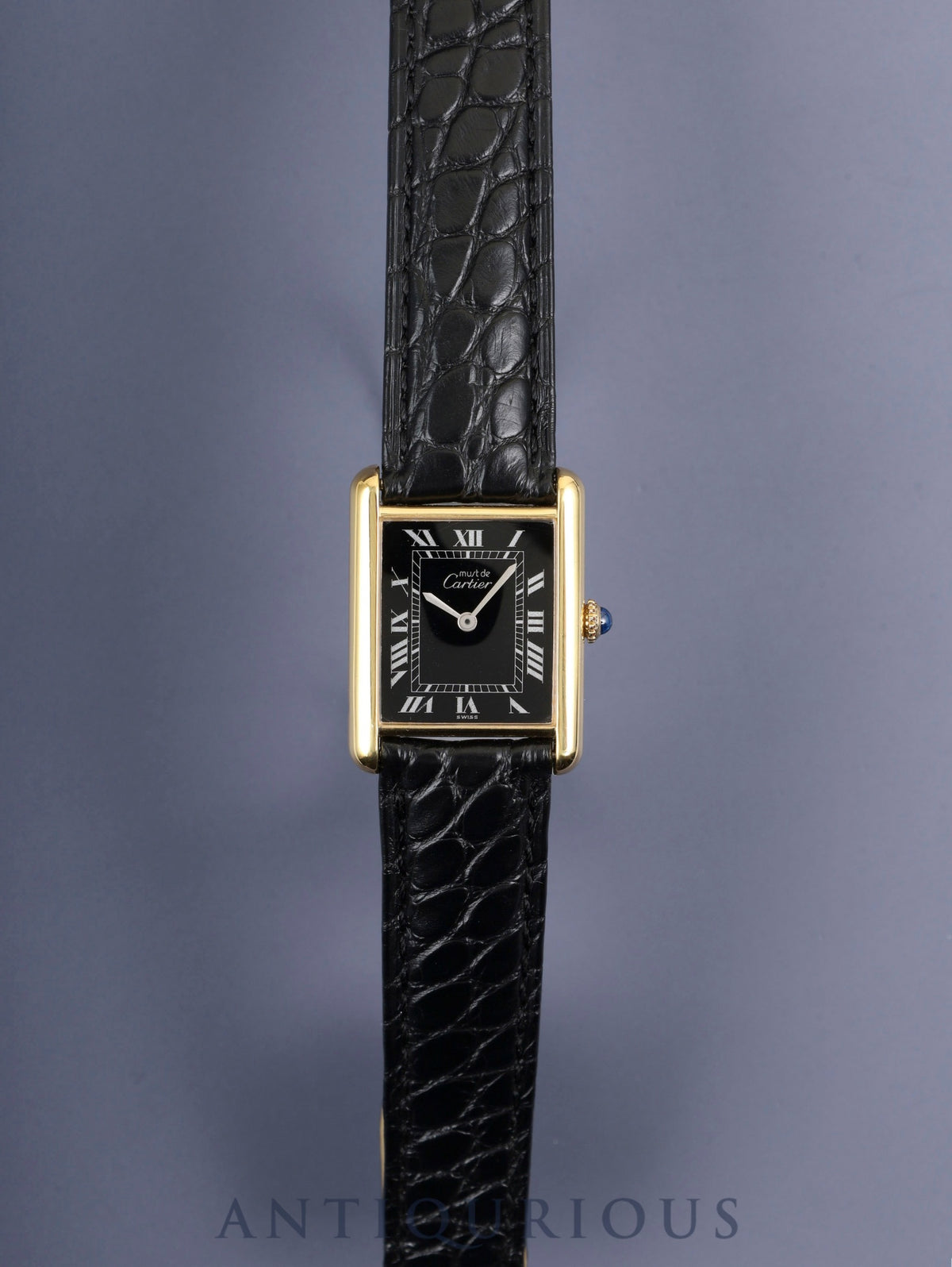 Cartier Must Tank LM, manual winding, Cal. 78-1, SV925, genuine leather strap, genuine D-buckle (GP), black Roman dial (SWISS markings), circa 1976-1981, overhauled and refinished to new condition.