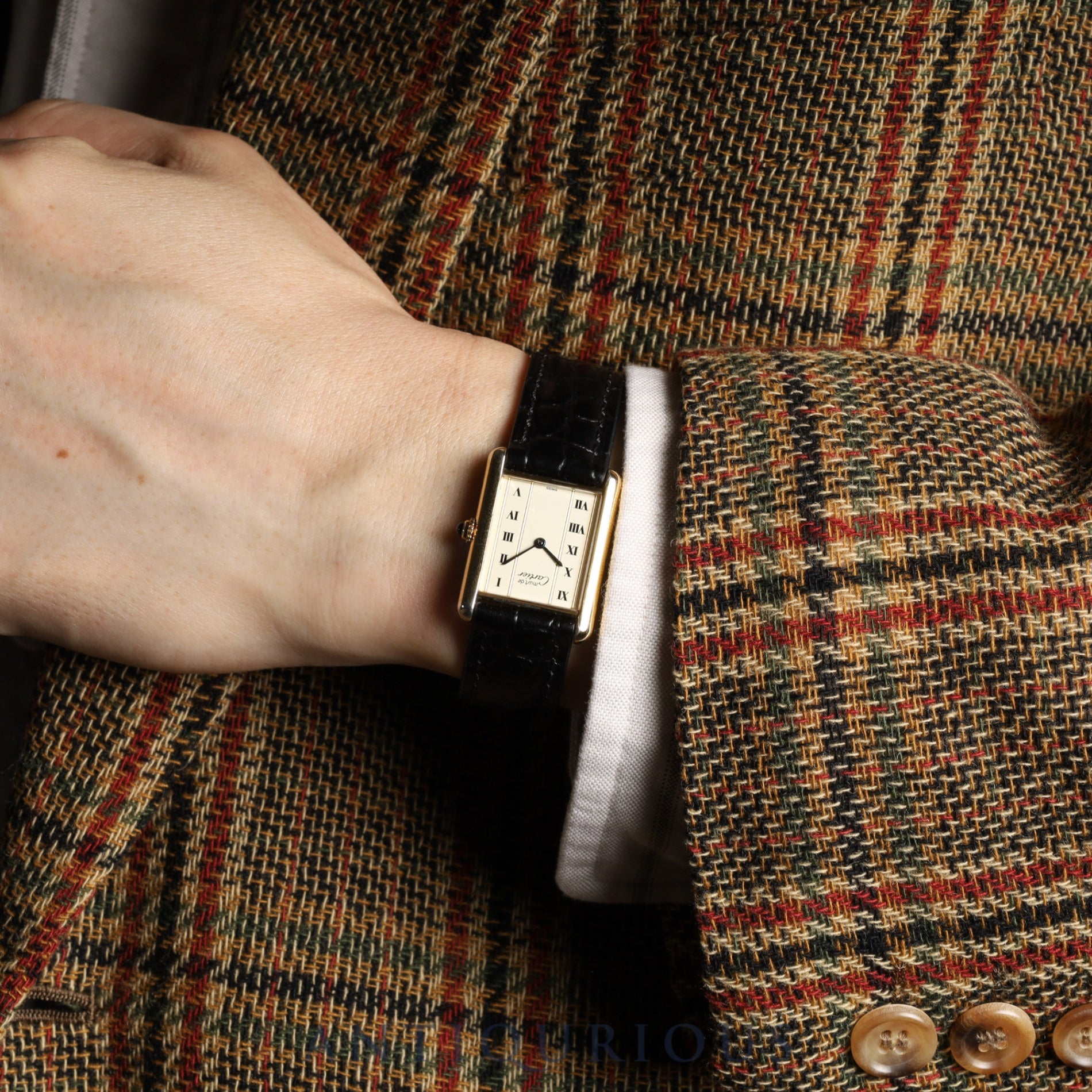 Cartier Must Tank LM 590005 Quartz Caliber 90 SV925 Leather Straight Roman Dial with Genuine GP Buckle, Overhauled