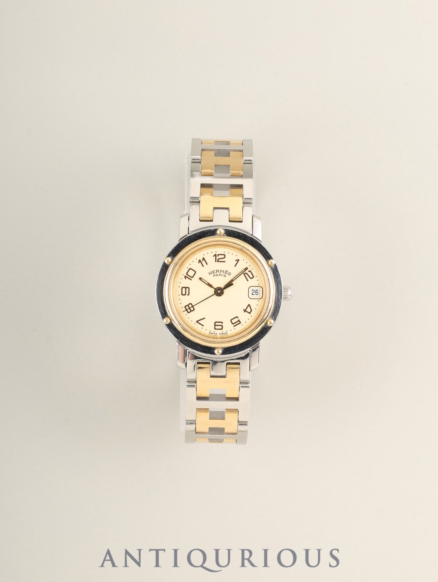 HERMES Clipper CL4.220 Quartz SS/GP SS/GP Ivory Dial Box, Booklet, Warranty (1999) Overhauled