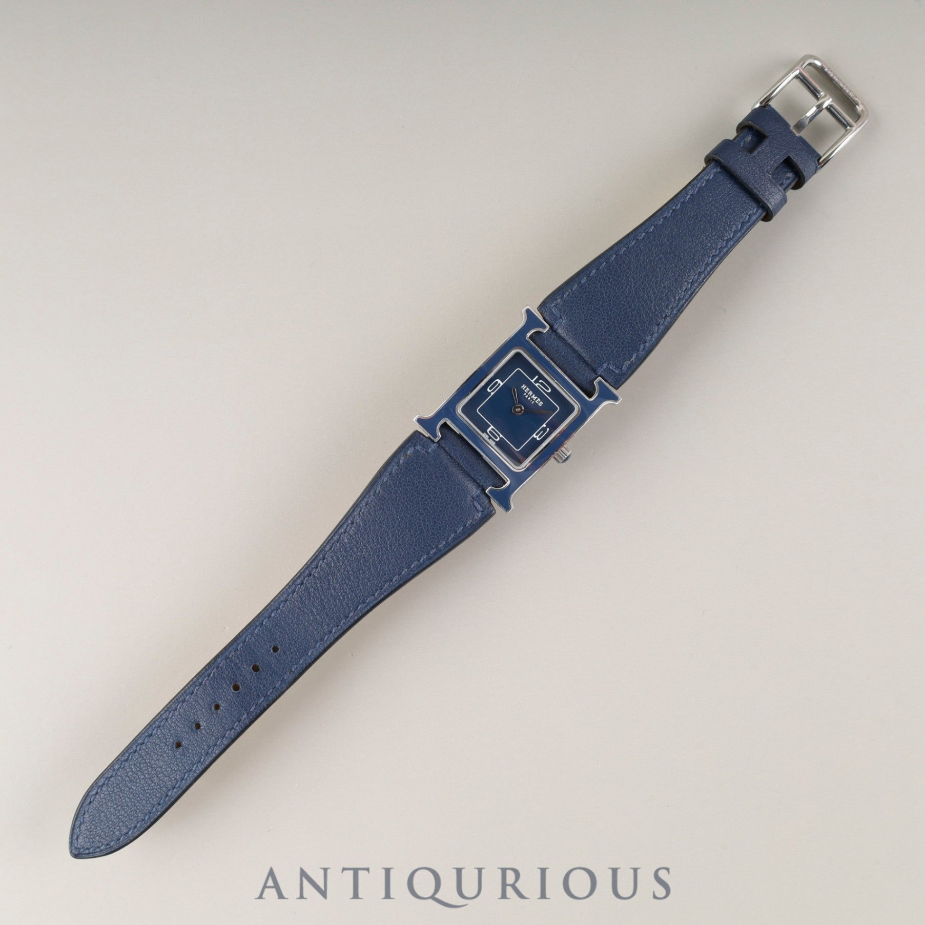 Hermès H Watch HH1.222 Quartz Caliber 901.001 Stainless Steel with Genuine Leather Strap (C Stamp: 2018) and Genuine Buckle (SS). Blue Dial. Overhauled.