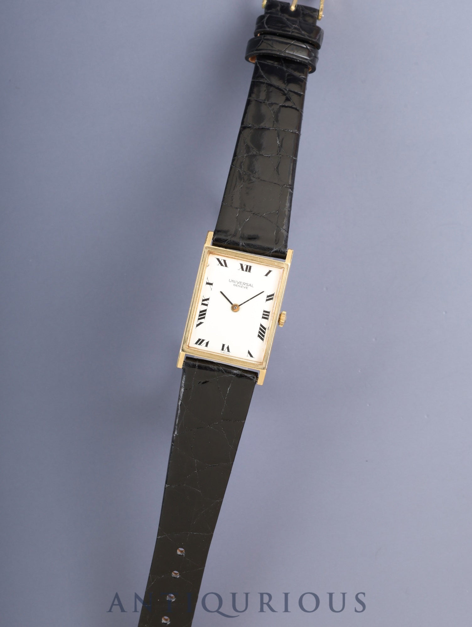 Universal Genève Rectangular Hand-Wound Cal.42 750YG Leather Strap with Genuine GP Buckle, White Roman Dial, Overhauled