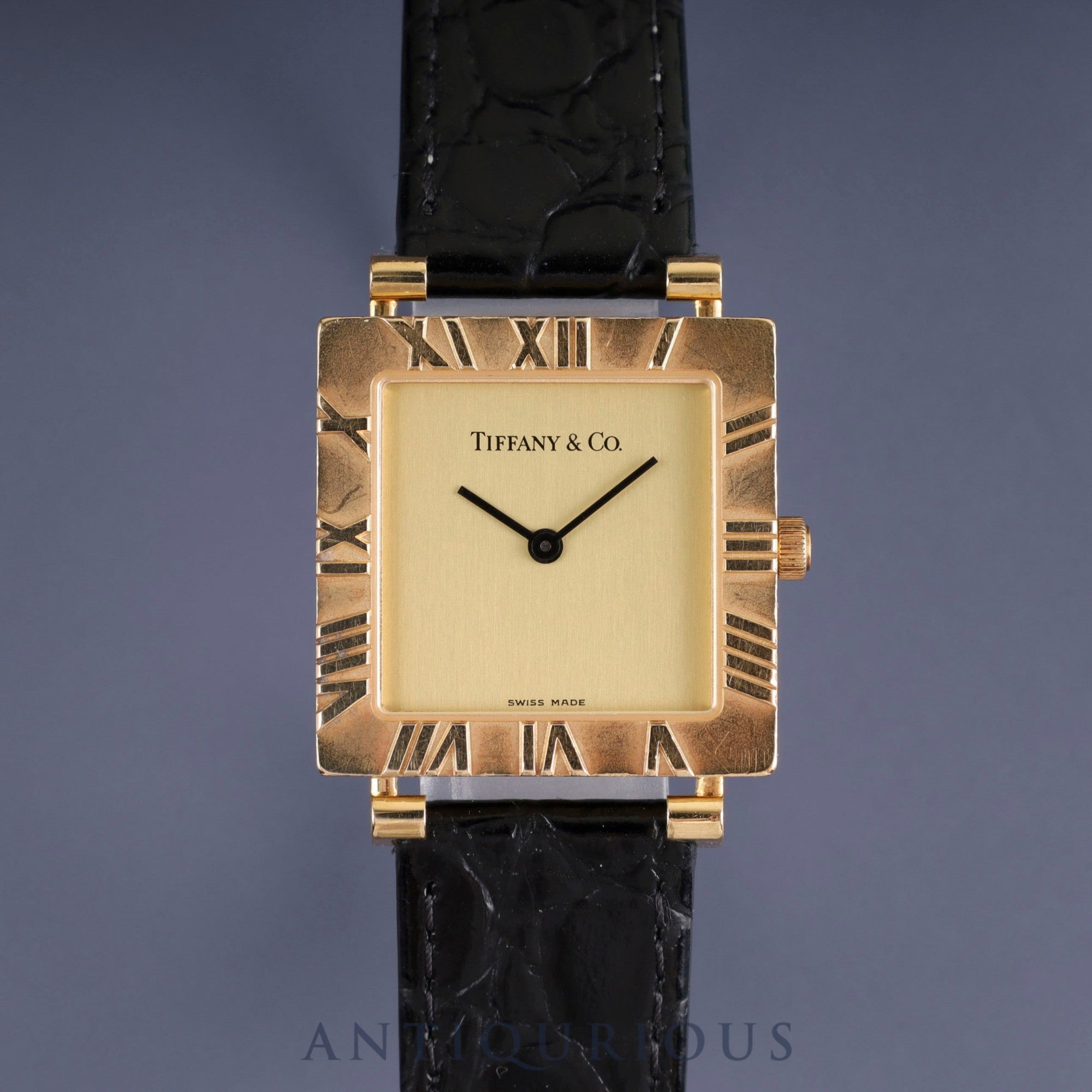 Tiffany Atlas Square T976 001 L3630 Quartz Cal.976.001 750 Leather Genuine buckle (GP) Gold dial Box Case Booklet Warranty (1996) Overhauled