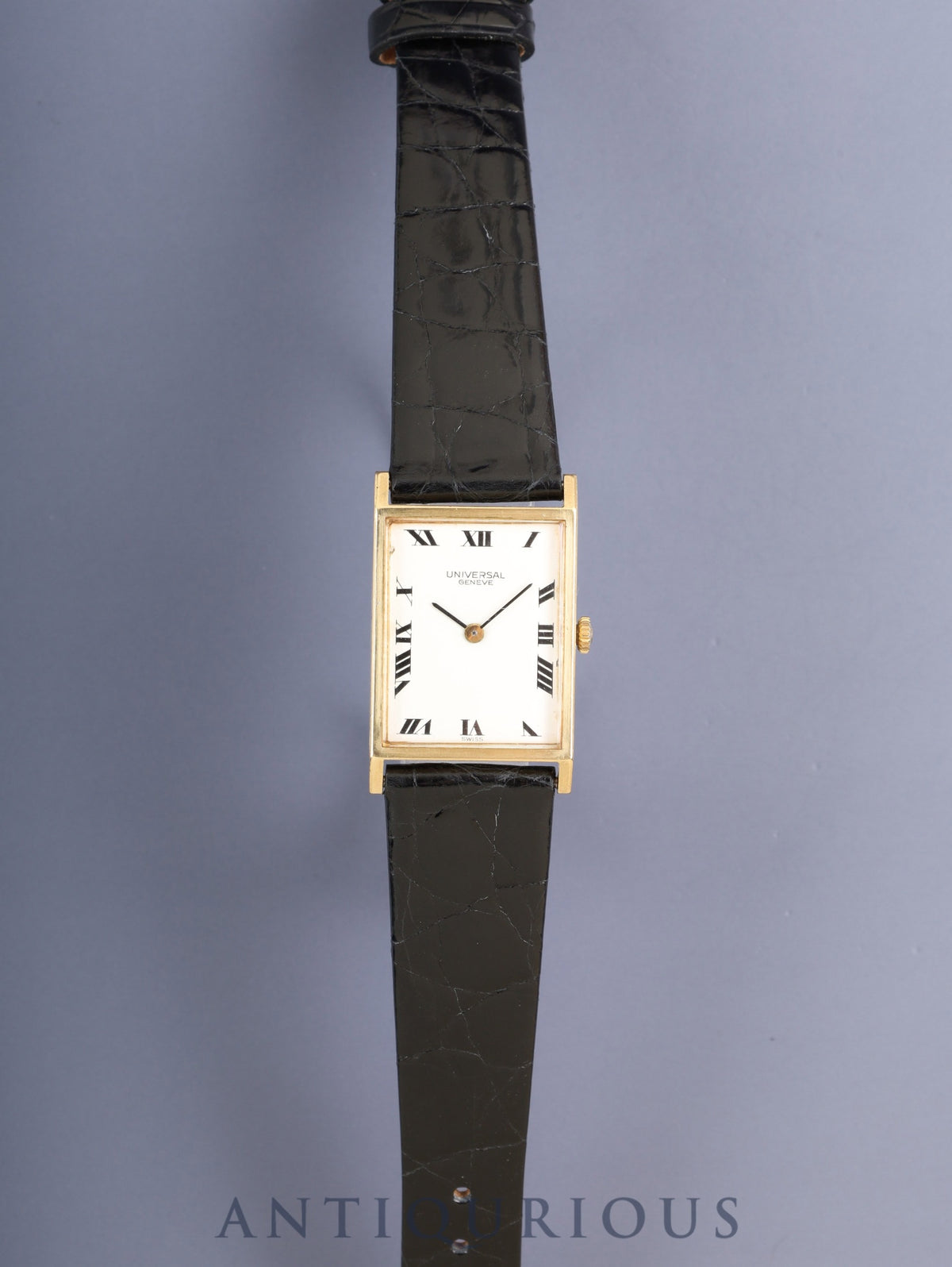 Universal Genève Rectangular Hand-Wound Cal.42 750YG Leather Watch with Genuine Pin Buckle (GP) White Roman Dial Overhauled