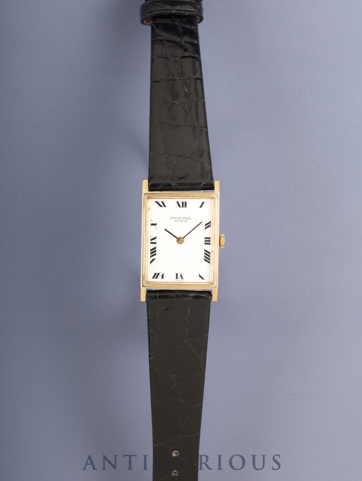 Universal Genève Rectangular Hand-Wound Cal.42 750YG Leather Strap with Genuine GP Buckle, White Roman Dial, Overhauled