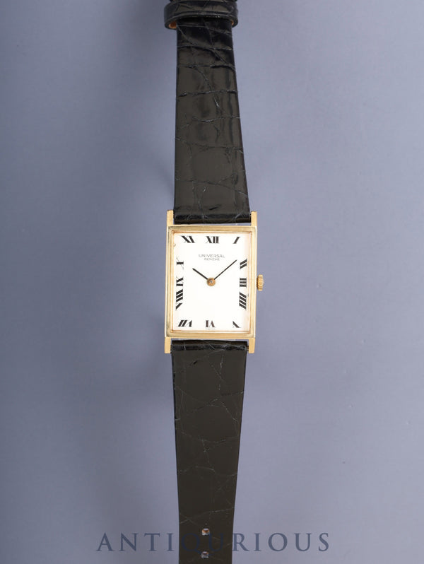 Universal Genève Rectangular Hand-Wound Cal.42 750YG Leather Strap with Genuine GP Buckle, White Roman Dial, Overhauled