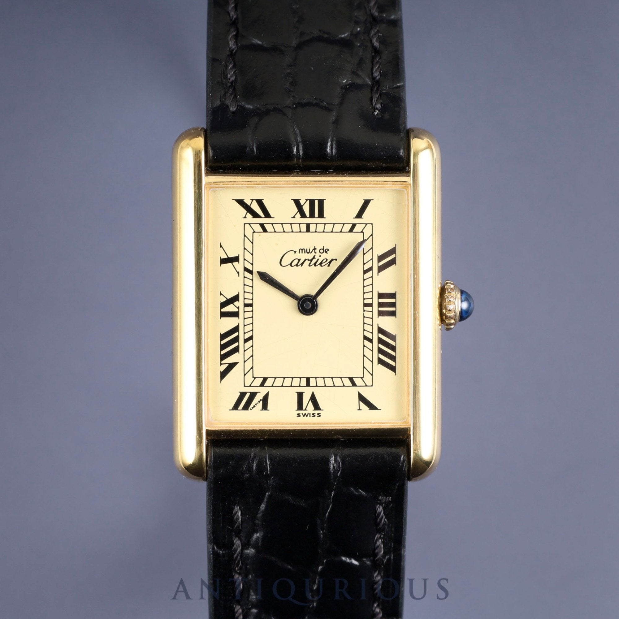 Cartier Must Tank LM Manual Winding SV925 Leather Watch with Genuine GP Buckle Ivory Roman Dial Overhauled and Finished to Look Like New