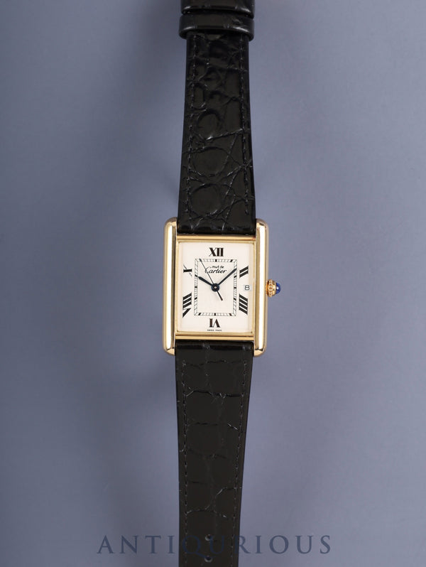 Cartier Must Tank GM (XL) W1013754 / 2413 Quartz Caliber 687 SV925 Leather Strap with Genuine Pin Buckle (GP) Ivory Roman CC Dial (SWISS MADE Marking) Overhauled