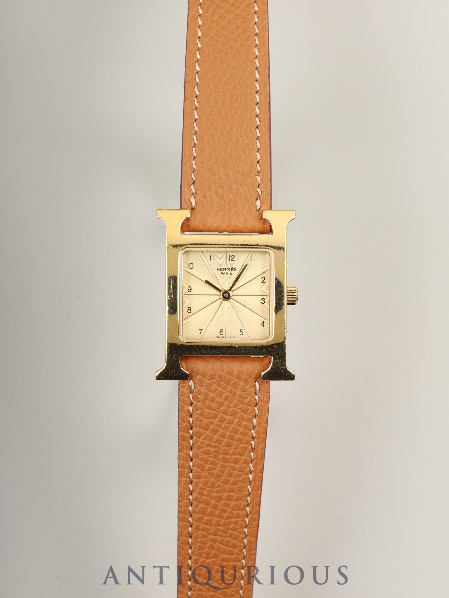 エルメス Hウォッチ HH1.210 クォーツ SS/GP 革 純正尾錠(GP)シャンパン文字盤 純正革ベルト(□A刻印:1997年)オーバーホール済み