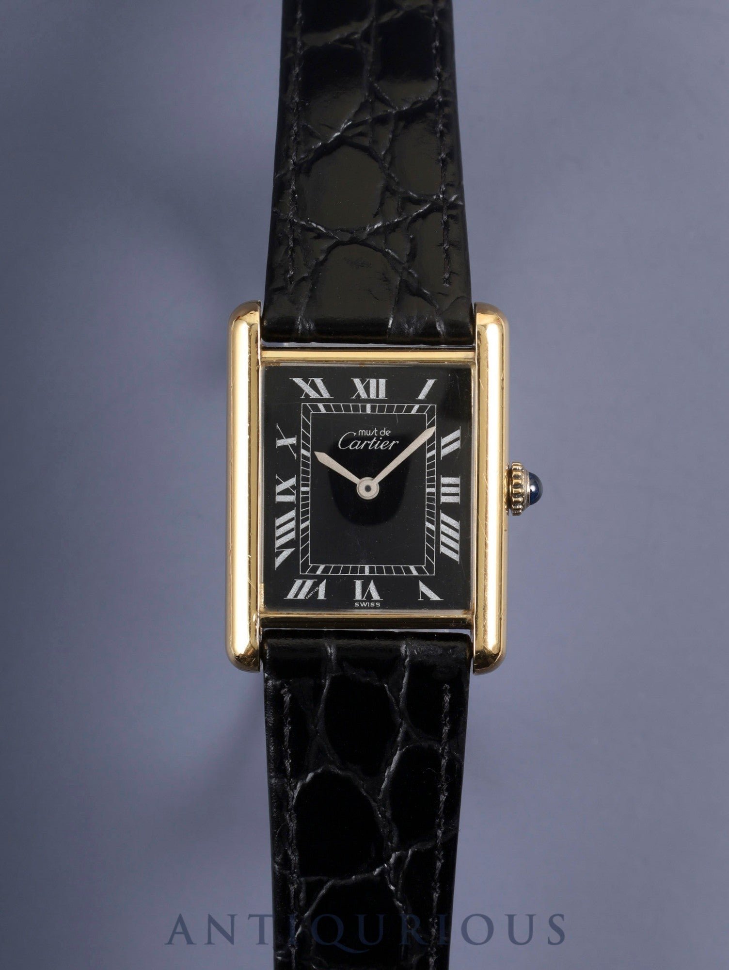 Cartier Must Tank LM Manual Winding Cal. 78-1 SV925 Leather Genuine Buckle (GP) Black Roman Dial Warranty Overhauled