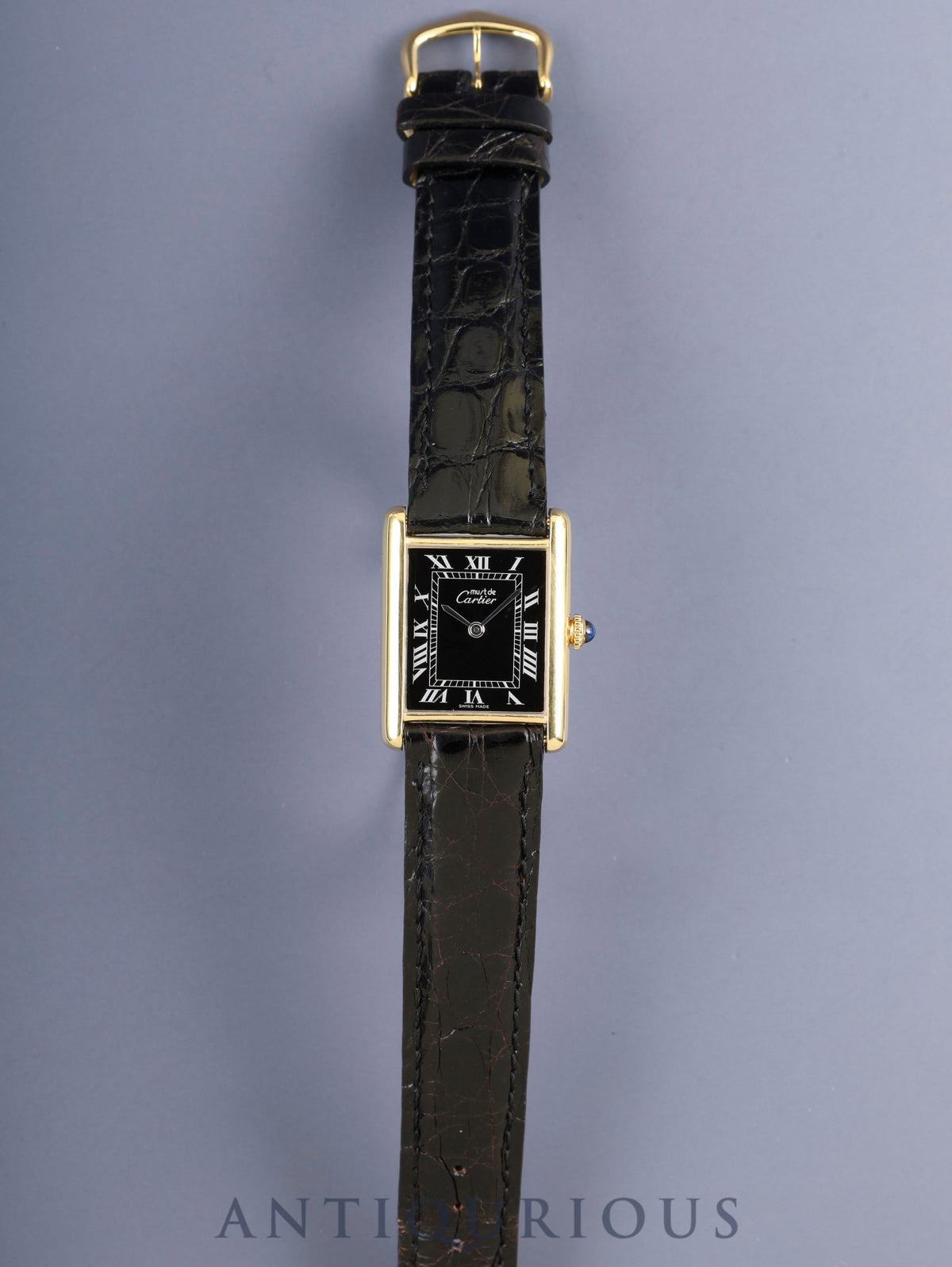 Cartier Must Tank LM Hand-wound SV925 Leather Genuine Pin Buckle (GP) Black Roman Dial (SWISS MADE) Complete Service (Full Maintenance) and Polished at Cartier Boutique