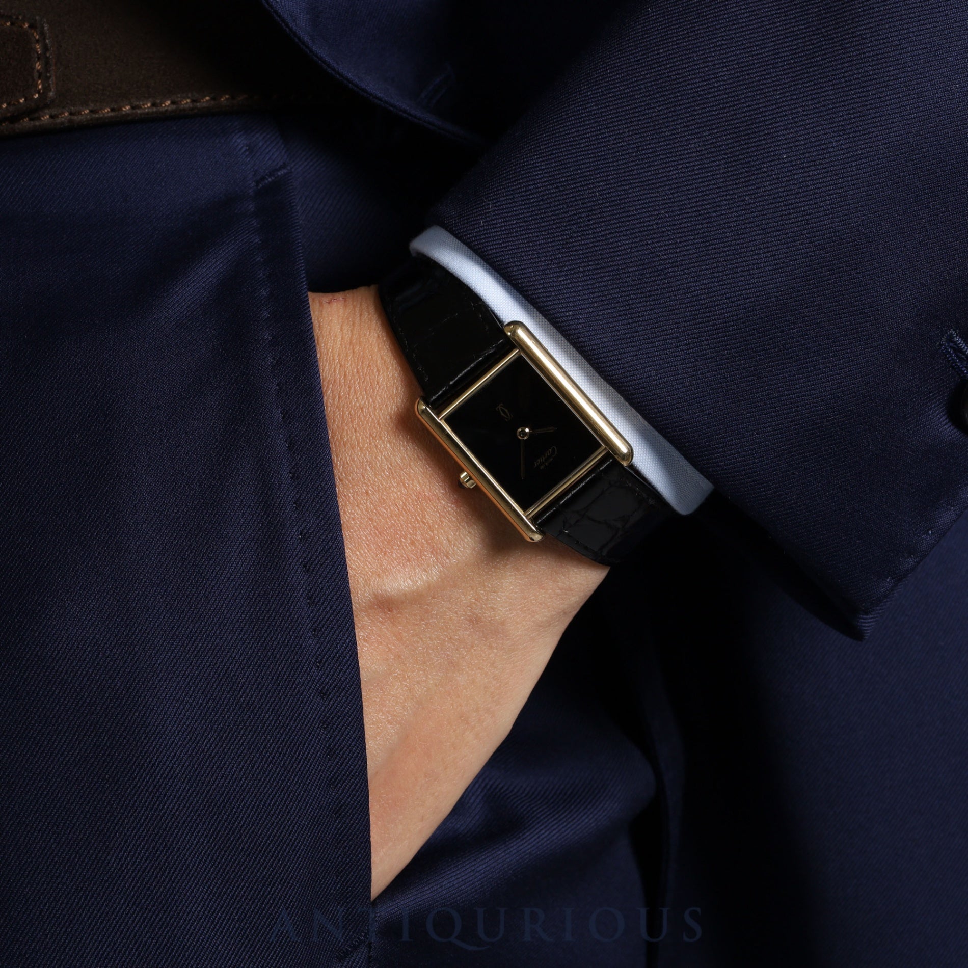 Cartier Must Tank LM 6 81006 Quartz Cal.690 SV925 Leather Genuine Buckle (GP) Onyx Dial Overhauled and Finished to Like New