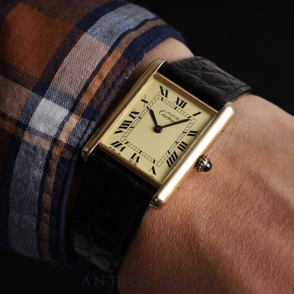 Cartier Must Tank LM Manual winding Cal.78-1 SV925 Leather Genuine buckle (GP) Ivory Roman dial Overhauled