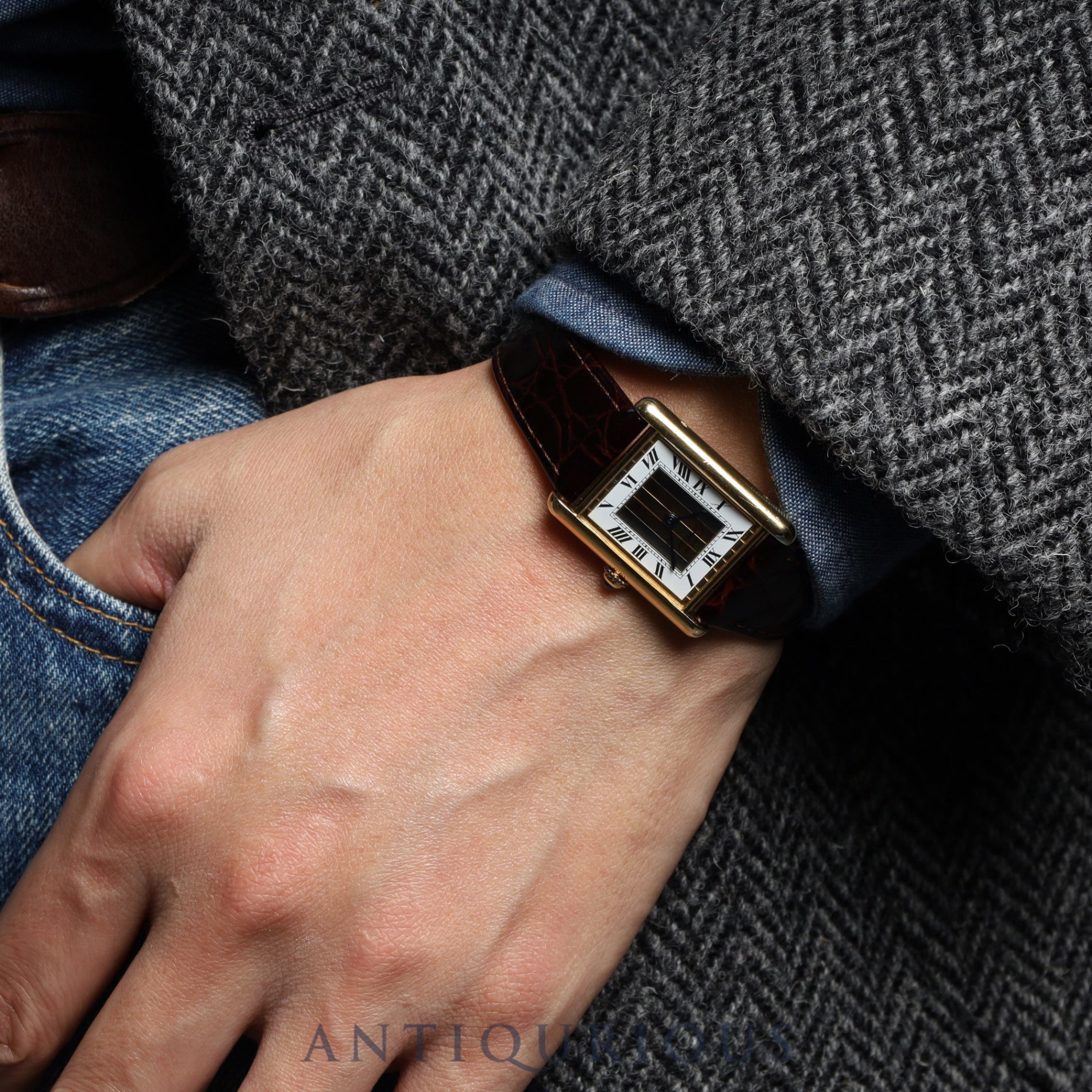 Cartier Must Tank LM 590005 Quartz Cal.90 SV925 Leather Genuine Buckle (GP) Front Trinity Dial Overhauled
