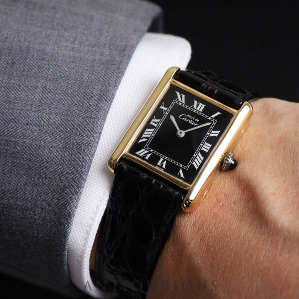 Cartier Must Tank LM Manual winding Cal.78-1 SV925 Leather Genuine buckle (GP) Black Roman dial Overhauled New finish
