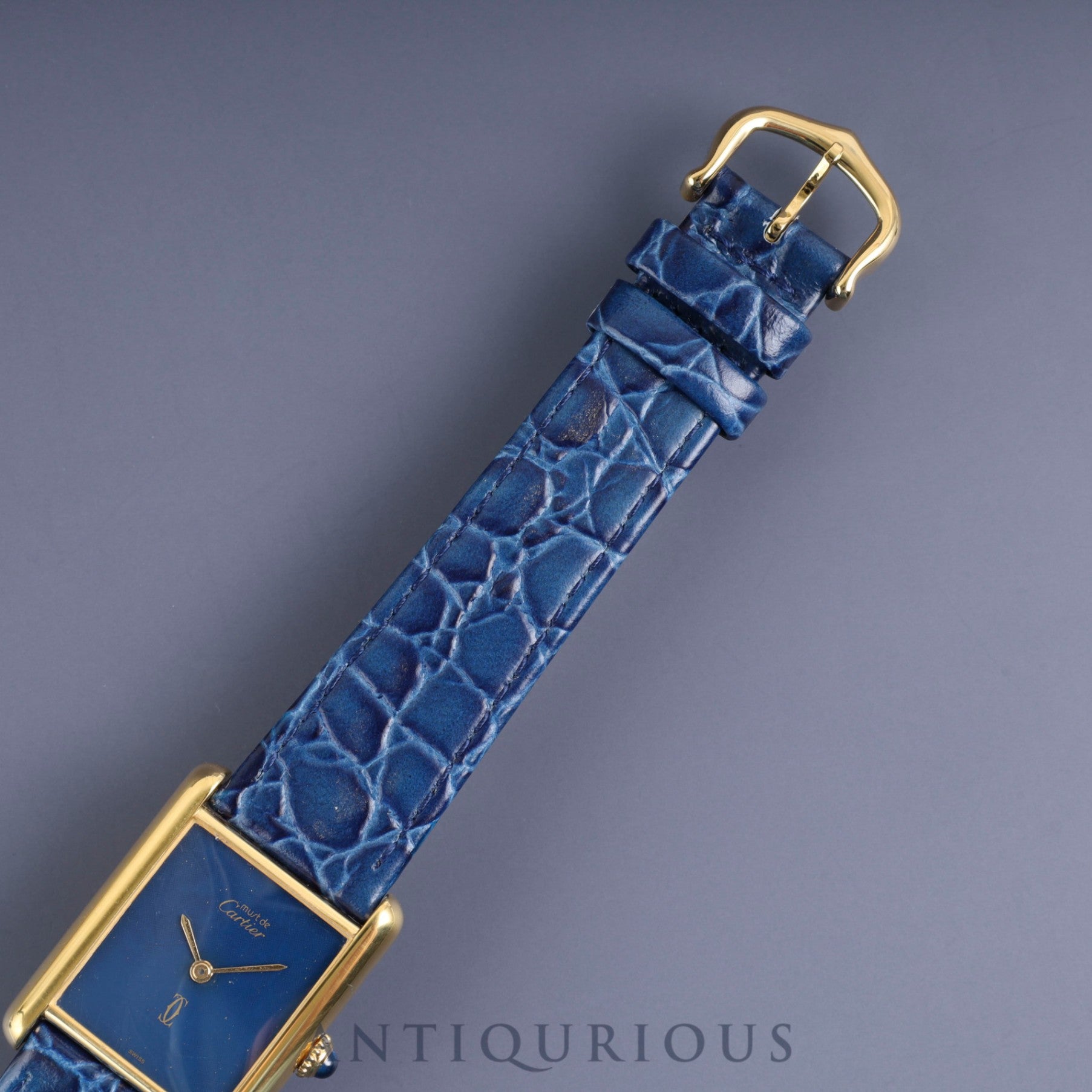 Cartier Must Tank LM Manual Winding Caliber 78-1 SV925 Leather Strap with Genuine GP Buckle, Lapis Lazuli Dial, Circa 1976-1981, Overhauled and Finished to Like New