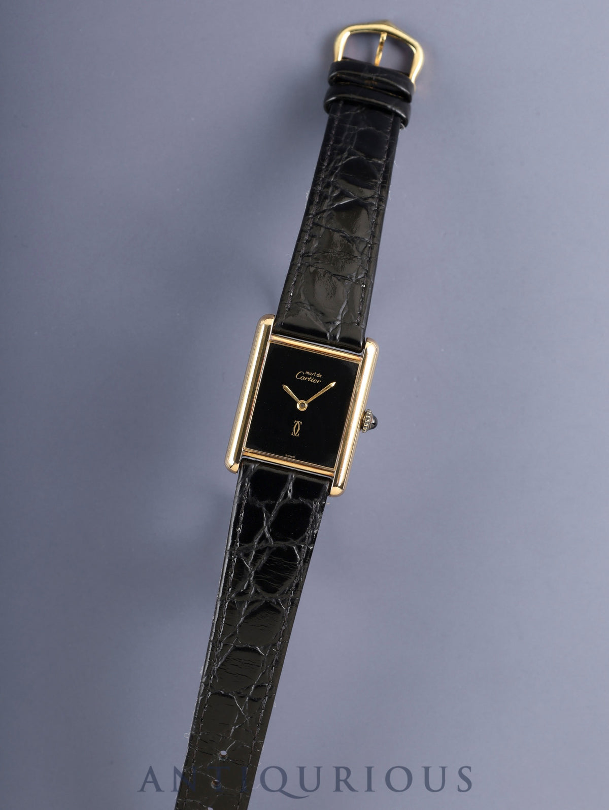 Cartier Must Tank LM Hand-wound Cal.- SV925 Leather Genuine Pin Buckle (GP) Black Onyx Dial (SWISS marking) Overhauled
