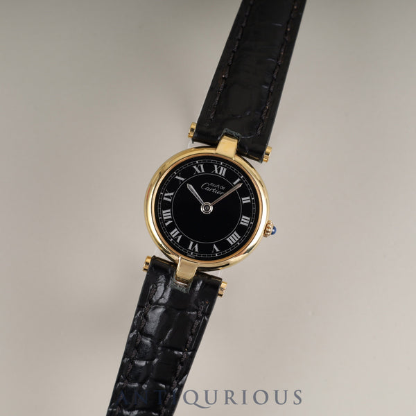 Cartier Must Vendôme VLC SM Quartz Cal.81 SV925 Leather Strap with Genuine GP Buckle, Black Roman Dial, Overhauled