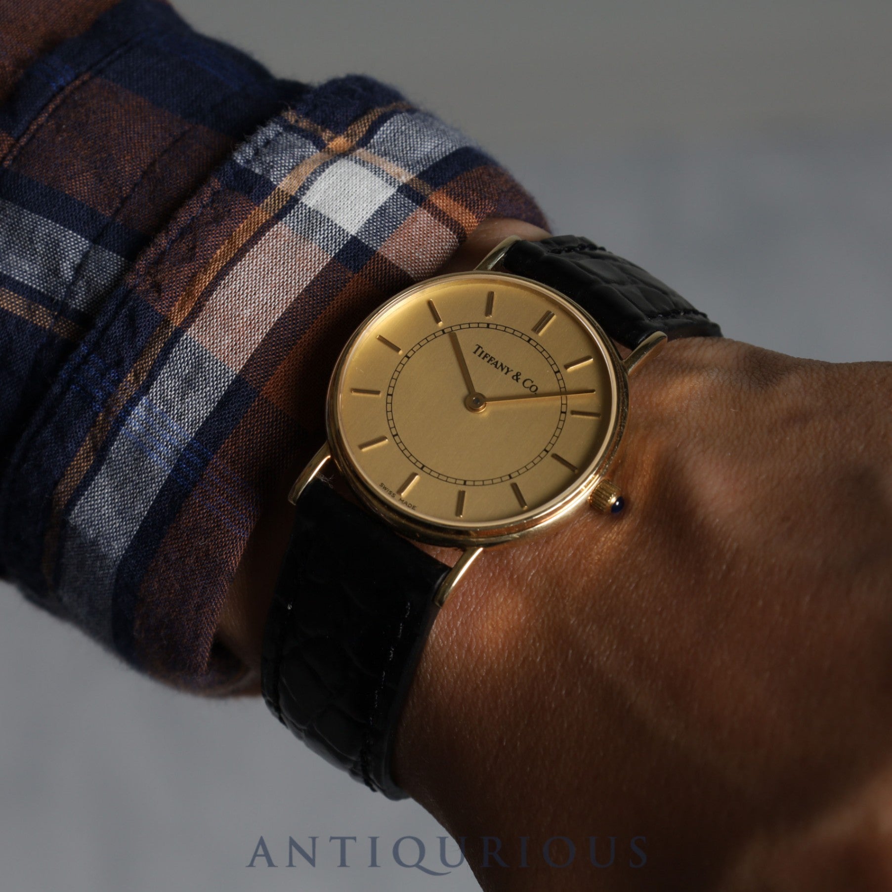 Tiffany Round Classic 60-501 Quartz 14KYG Leather Genuine Buckle (GP) Gold Dial Box