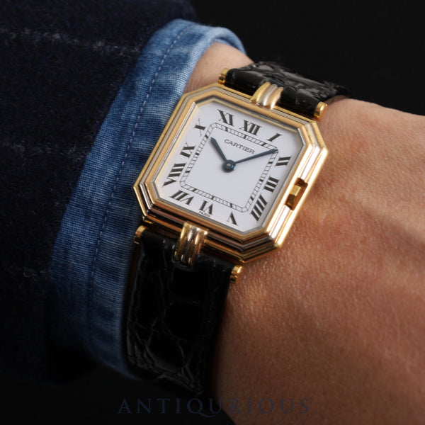 Cartier Santur LM Quartz Cal.81 750YG Leather Genuine Buckle (GP) White Roman Dial Overhauled