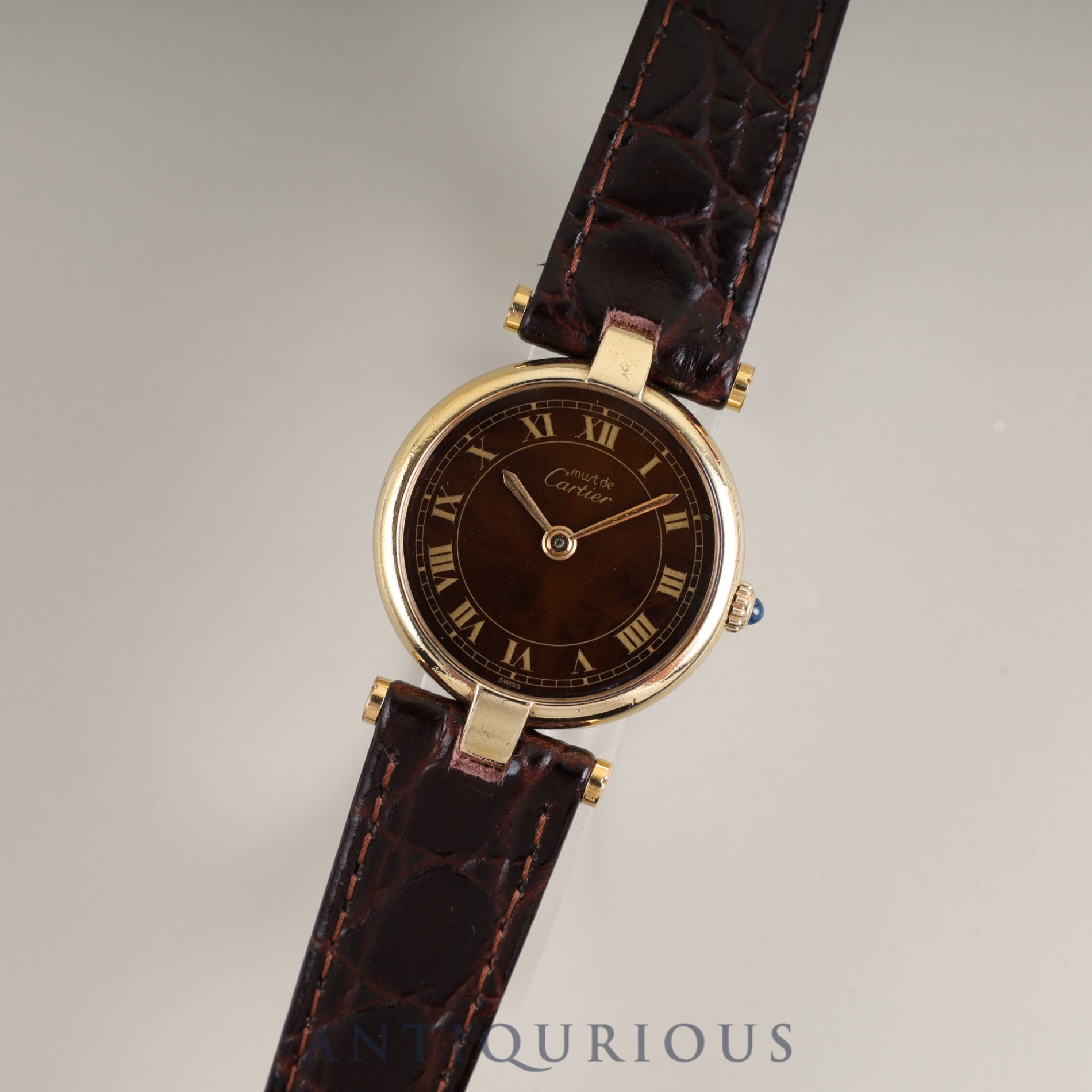 Cartier Must Vendôme VLC SM 18 Quartz Cal.81 SV925 Leather Strap with Genuine GP Buckle, Mahogany Roman Dial, Box, Overhauled