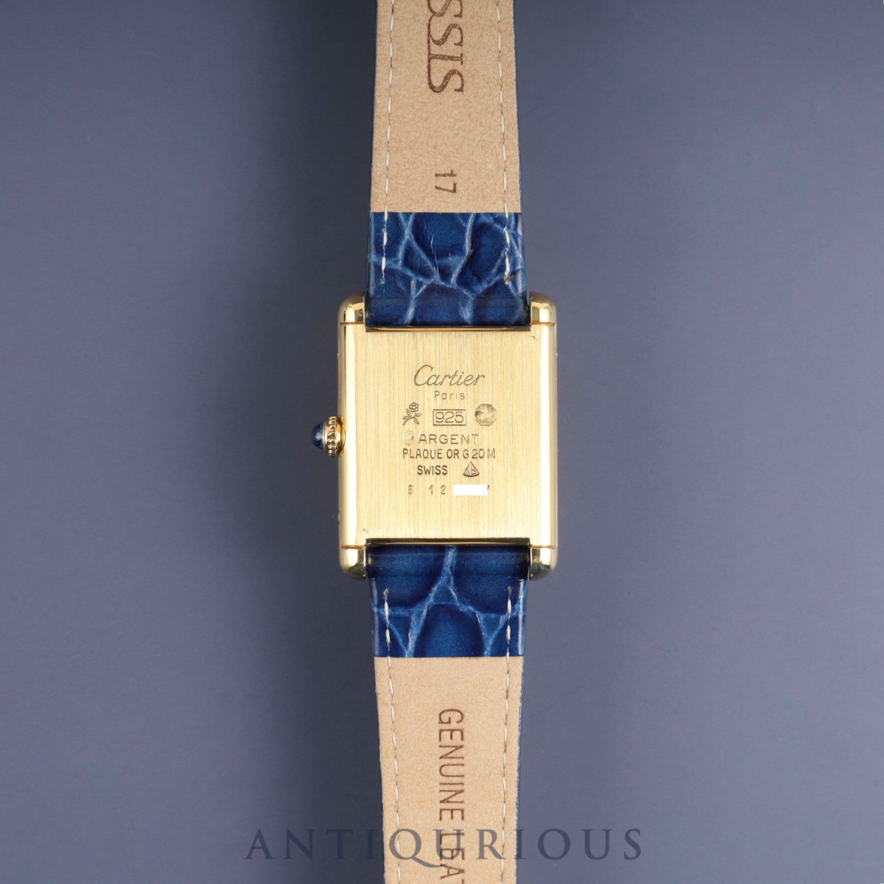 Cartier Must Tank LM Manual Winding Caliber 78-1 SV925 Leather Strap with Genuine GP Buckle, Lapis Lazuli Dial, Circa 1976-1981, Overhauled and Finished to Like New