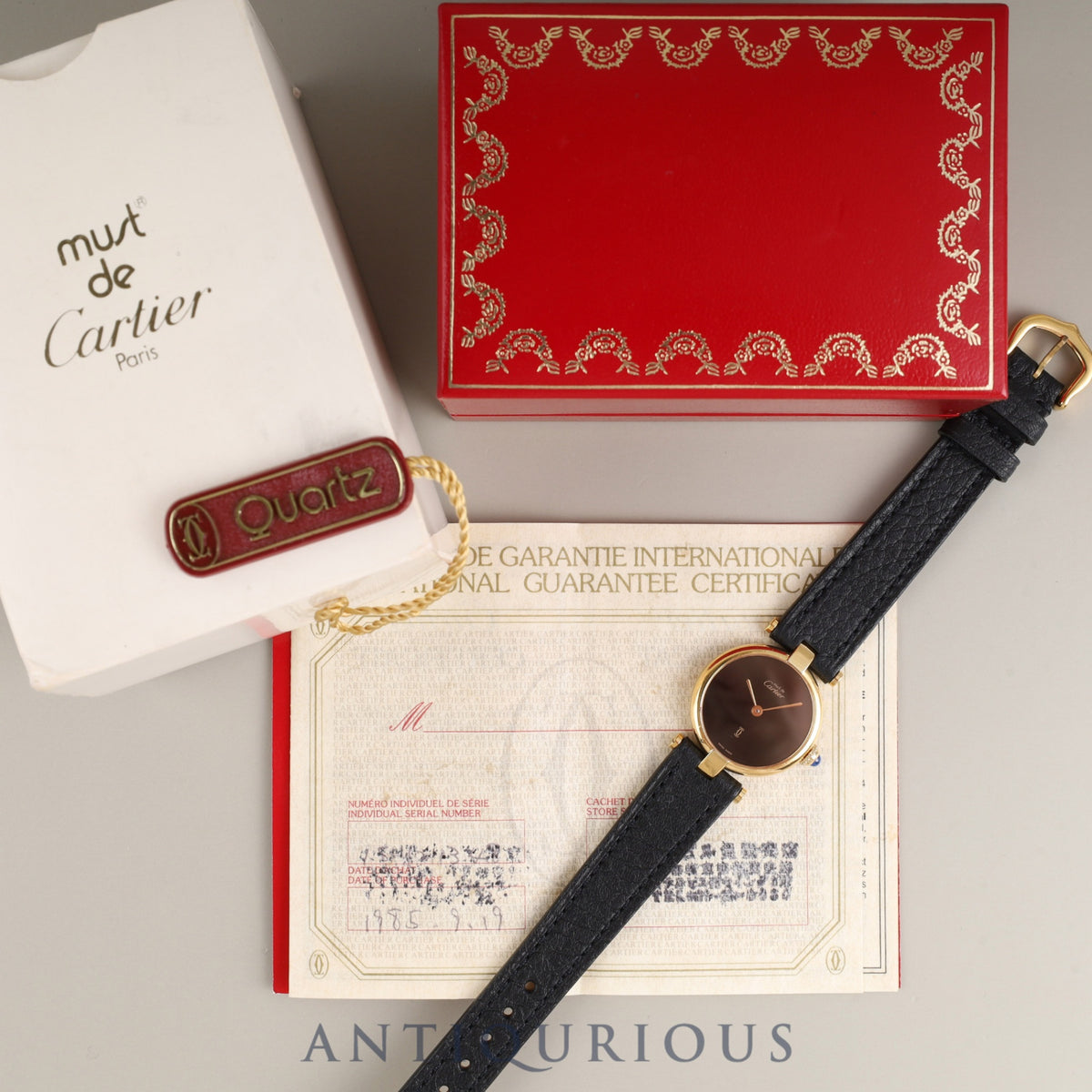 Cartier Must Vendôme VLC SM Quartz SV925 Leather Genuine Buckle (GP) Onyx Dial Box Booklet Tag Warranty (1985) Completely serviced at a Cartier boutique