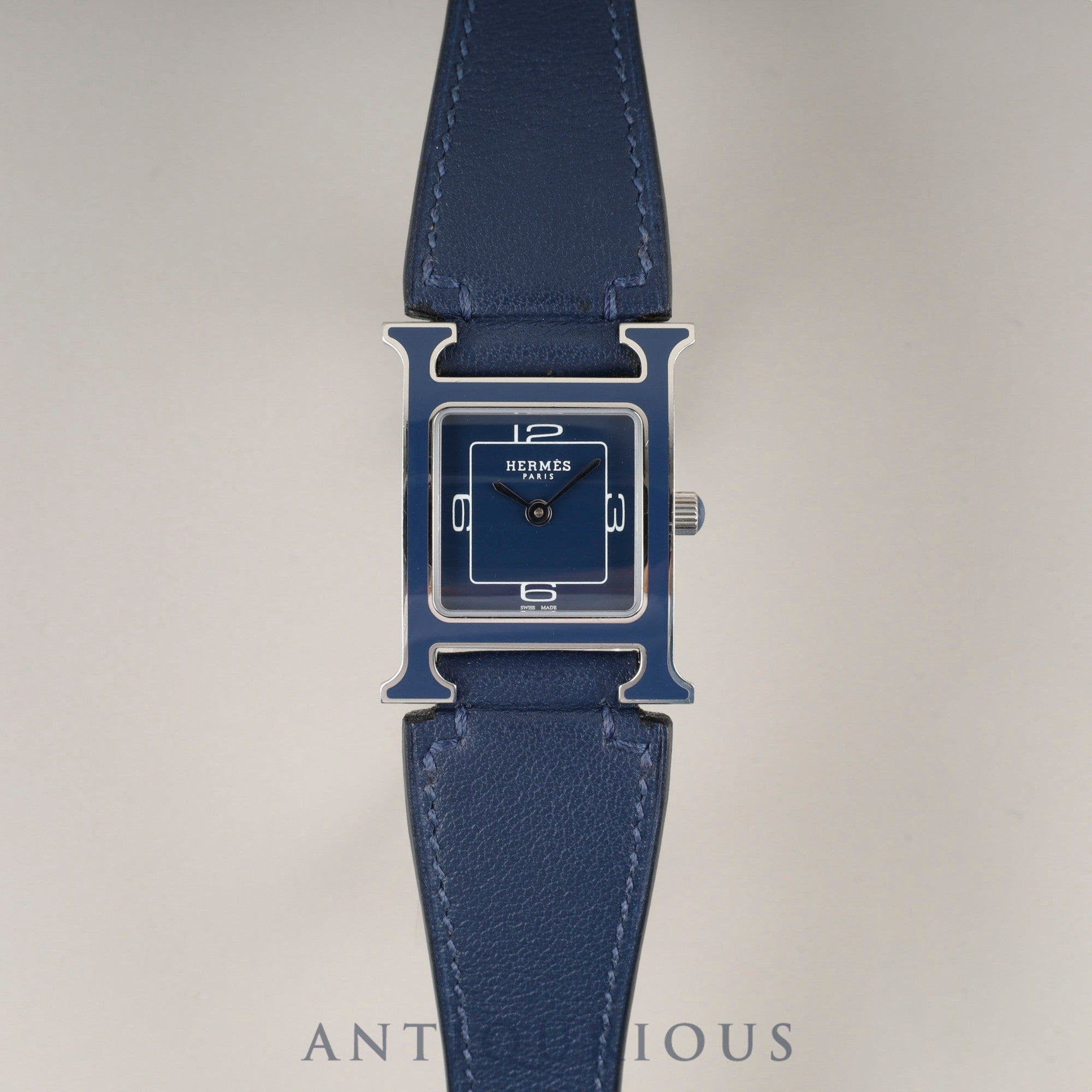 Hermès H Watch HH1.222 Quartz Caliber 901.001 Stainless Steel with Genuine Leather Strap (C Stamp: 2018) and Genuine Buckle (SS). Blue Dial. Overhauled.