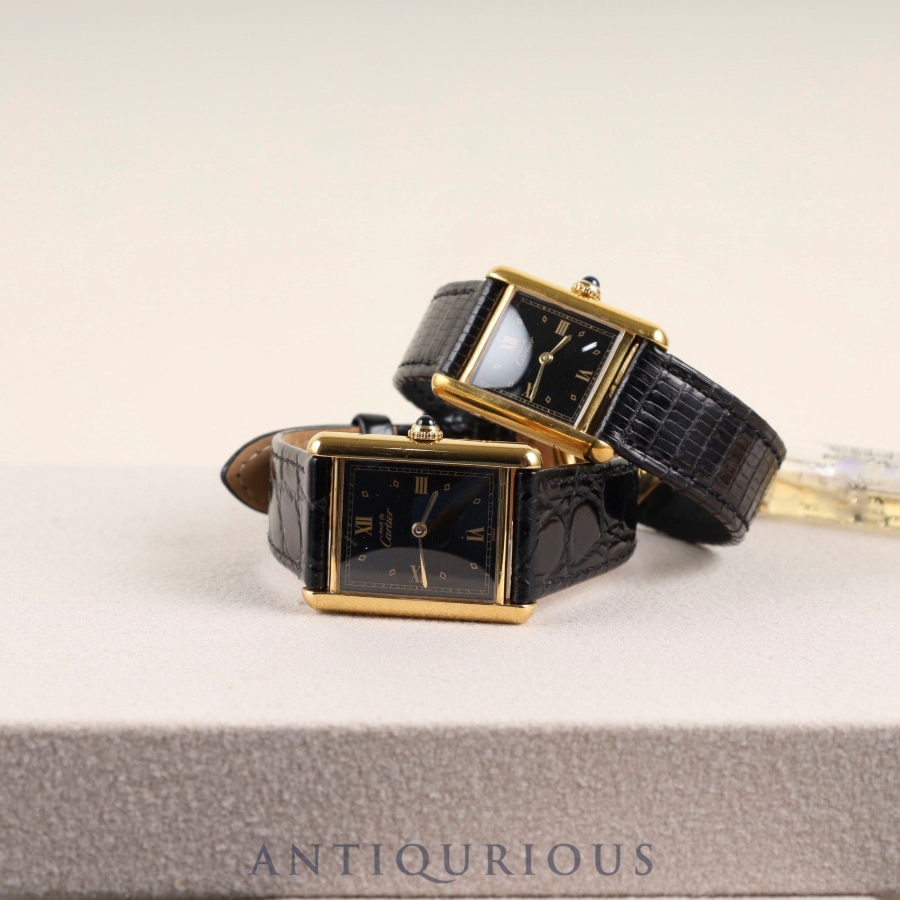 Cartier Must Tank LM 590005 Quartz Caliber 90 SV925 Leather Strap with Genuine GP Buckle, Black Roman Dial, Overhauled