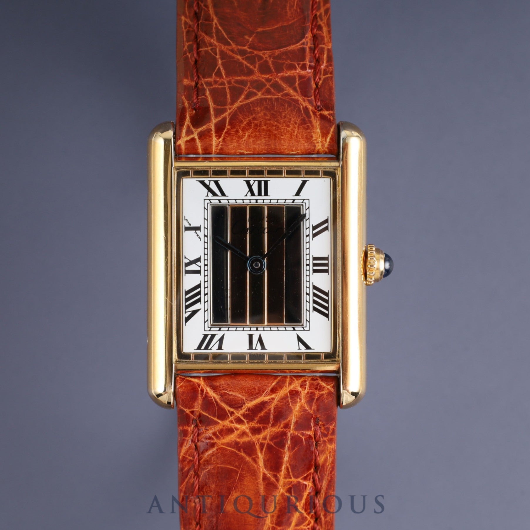 Cartier Must Tank LM 590005 Quartz Caliber 690 SV925 Leather Strap with Genuine GP Buckle, Front Trinity Dial, Overhauled