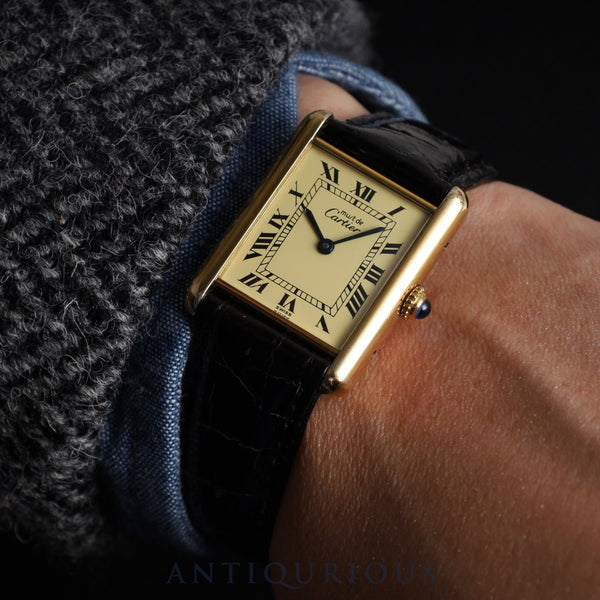 Cartier Must Tank LM 590005 Quartz Cal.690 SV925 Leather Genuine Buckle (GP) Ivory Roman Dial Overhauled