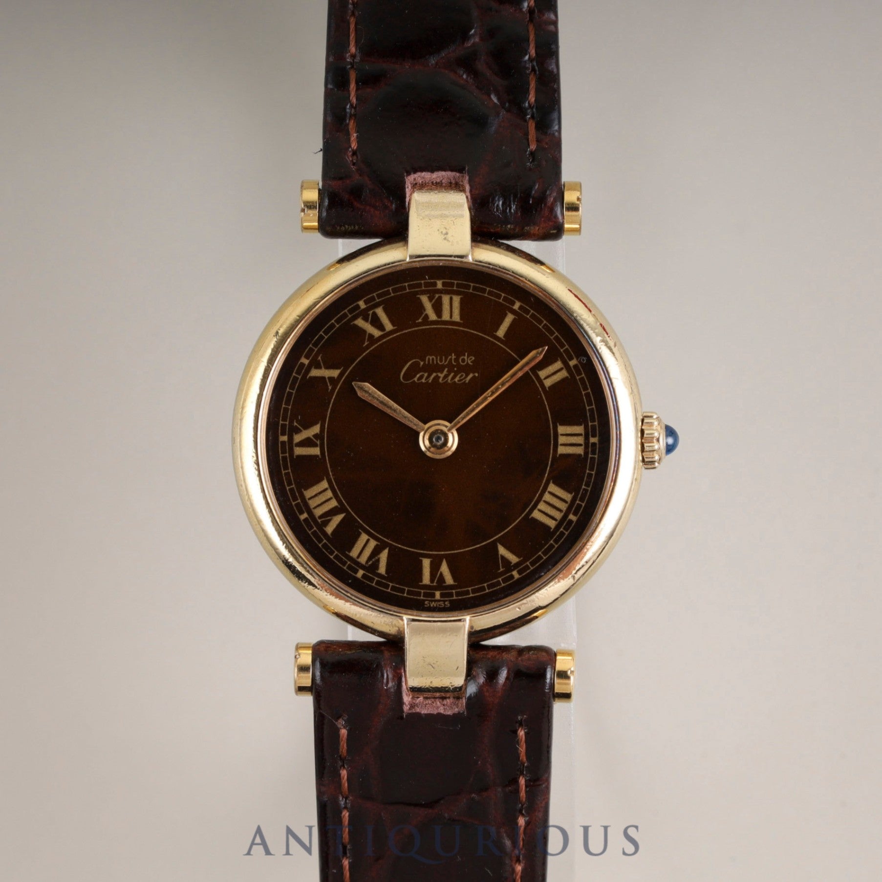 Cartier Must Vendôme VLC SM 18 Quartz Cal.81 SV925 Leather Strap with Genuine GP Buckle, Mahogany Roman Dial, Box, Overhauled