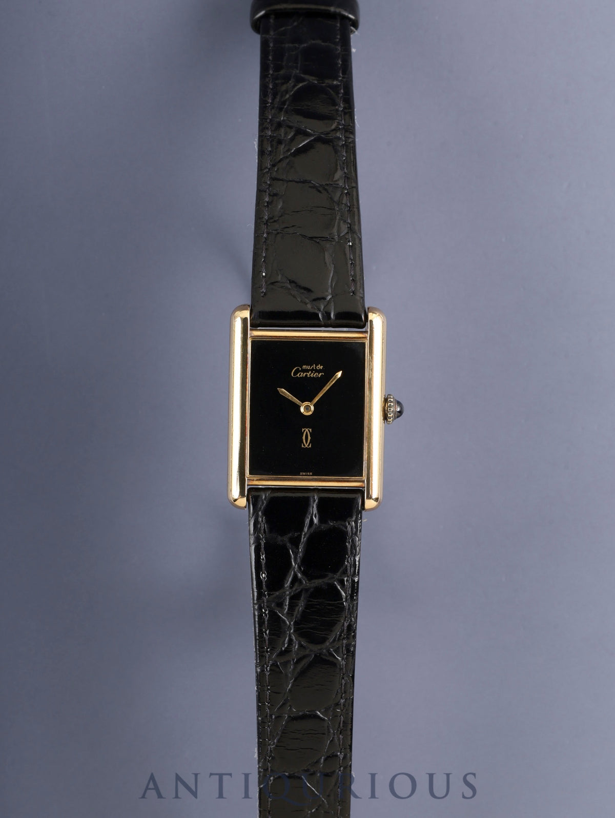 Cartier Must Tank LM Hand-wound Cal.- SV925 Leather Genuine Pin Buckle (GP) Black Onyx Dial (SWISS marking) Overhauled